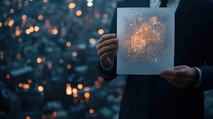 Poster - Businessman Holds Transparent Print with City Lights Background