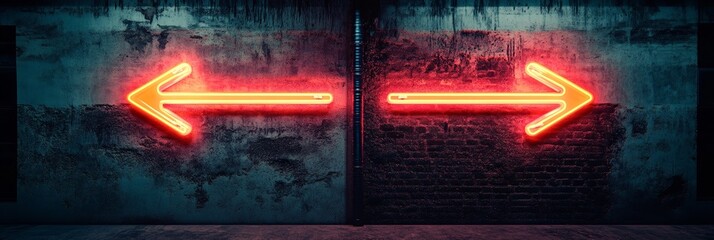Poster - Two glowing red neon arrows pointing in opposite directions on a grungy textured wall represent difficult choices, decision making, and the fear of better options