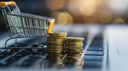 Poster - Shopping Cart Filled with Coins on a Laptop Keyboard at Sunset Glow