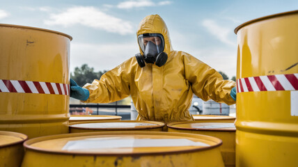 Worker in protective gear inspecting hazardous waste barrels outdoors