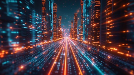 Poster - A vibrant, futuristic cityscape with glowing skyscrapers and dynamic light trails, creating a sense of speed and technological advancement.