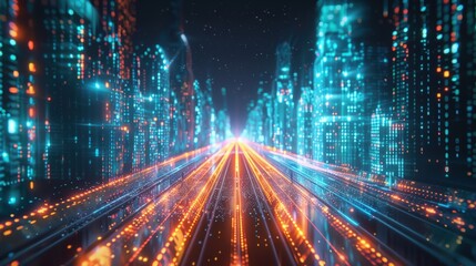 Poster - a futuristic cityscape with glowing neon lights and digital elements, creating an immersive, tech-in