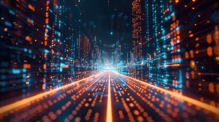 Fototapete - A futuristic digital landscape featuring glowing lines and vibrant data streams, creating a sense of speed and movement through a technological environment.