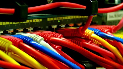 Wall Mural - network server room routers and ethernet cable on network switches background switch ports cables