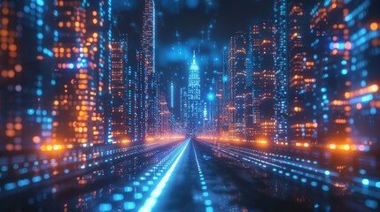 Poster - a vibrant digital cityscape illuminated by blue and orange lights, showcasing tall skyscrapers and a