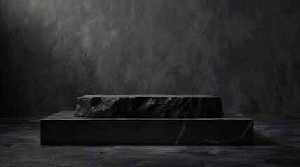 Poster - A dark, minimalist scene featuring a textured black stone slab on a pedestal, evoking a sense of mystery and contemplation in an atmospheric environment.