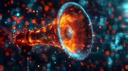 Canvas Print - Futuristic Glowing Megaphone Projecting Sound Waves Into Vibrant Digital Network Connecting Global Web