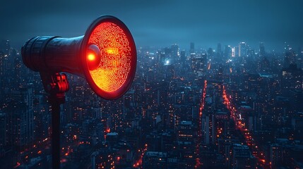 Poster - Glowing Megaphone Atop Skyscraper Weaving Sound Waves Through Vibrant Urban Skyline