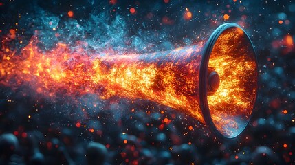 Poster - radiant megaphone projecting holographic words of encouragement to a diverse crowd