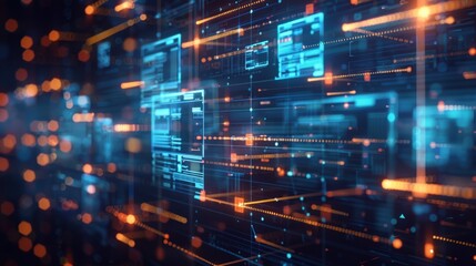 Poster - a vibrant digital landscape featuring glowing lines and data grids, representing advanced technology