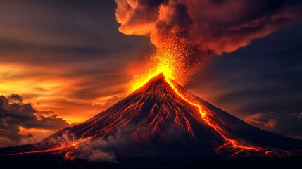 Poster - Molten lava erupting from a volcano's crater at sunset creates a breathtaking and fiery spectacle, flowing down the slopes and illuminating the evening sky with vibrant orange and red hues