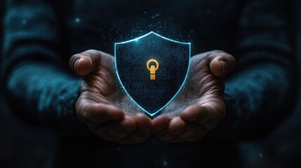 Poster - a digital shield with a padlock is held between hands, symbolizing cybersecurity and protection in a