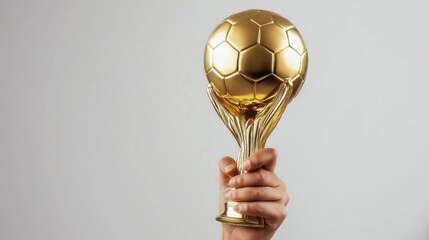 Wall Mural - Close-up of a hand proudly holding a gleaming golden soccer trophy against a clean white studio backdrop