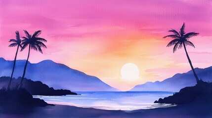 Poster - Watercolor painting of a vibrant sunset over a quiet beach, with gentle waves and silhouettes of palm trees