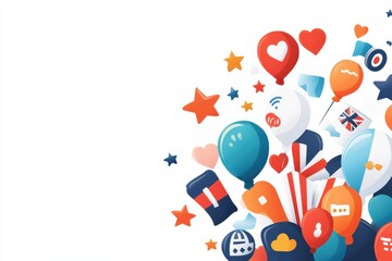 A vibrant collage of balloons, stars, and icons in various colors, symbolizing celebration and joy, set against a white background.