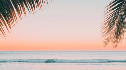 Aufkleber - Gentle waves rolling onto a serene beach at sunset, framed by lush palm leaves, evoke a tranquil tropical paradise, inviting relaxation and showcasing nature's beauty
