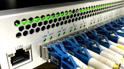 Wall Mural - network switch with lan cable mount on rack data center server internet connected cluttered cables