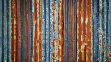 Poster - A textured surface featuring rusted metal in vertical stripes of blue and orange hues, showcasing the passage of time and weathering.