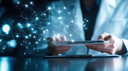 Aufkleber - A person in a lab coat interacts with a tablet, surrounded by glowing digital connections, symbolizing technology and innovation in science.