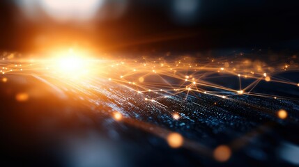 Aufkleber - A vibrant digital landscape illuminated by warm light, showcasing interconnected nodes and paths, symbolizing technology and innovation.