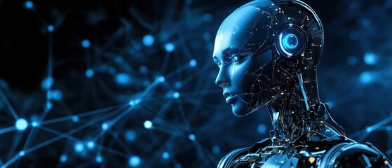 Poster - A futuristic humanoid robot with intricate circuitry and glowing elements, set against a digital network background symbolizing technology advancement