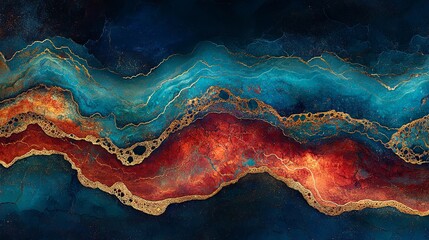 Poster - Colorful abstract art with blue, red, and gold patterns creating a vivid wave effect