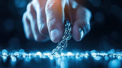Poster - A close-up of a hand grasping a chain above shimmering, reflective surfaces, evoking themes of connection and strength.