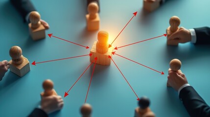 Poster - A group of figurines surrounding a central object, with arrows indicating direction, symbolizing collaboration and communication.