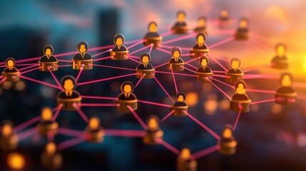 Poster - A digital network illustration featuring interconnected avatars, symbolizing social connections, collaboration, and communication within a vibrant sunset backdrop.