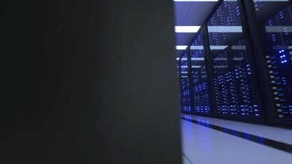 Wall Mural - modern internet server room and data center with supercomputers light seamless animation. 4k uhd