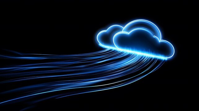 Glowing Blue Cloud with Streaming Light Effects on Black Background