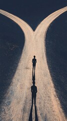 Poster - Shadow of a person standing at a crossroads splitting in two different directions, symbolizing choices, decisions, and the fear of better options - fobo - at sunset