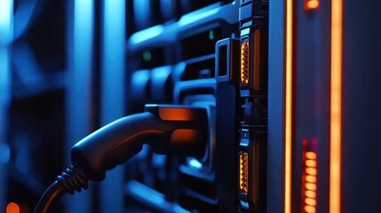 Poster - Close-up view of a server with a power cable plugged in, illuminated by blue and orange lights, showcasing modern technology in a data center