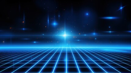 Poster - a futuristic digital landscape with a blue grid and shining stars against a dark background, evoking