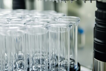 Poster - Close-up view of laboratory test tubes arranged on a rack, showcasing precision equipment in a sterile environment