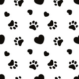 Cat footprint Seamless pattern. Cat paw print seamless pattern. Cat footprint and heart endless pattern. Cat print trail repeating pattern