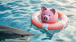 © Bunny creation - A playful piggy bank floats in water, symbolizing savings and financial security amidst a dramatic shark backdrop. emergency savings.