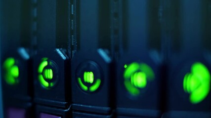Wall Mural - modern database servers connected to switch in the server room rack. hosting data center. it tech 4k