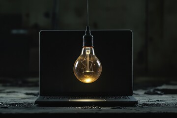 Poster - A vintage light bulb hangs above a sleek laptop in a dimly lit industrial space, highlighting creativity and technology's fusion