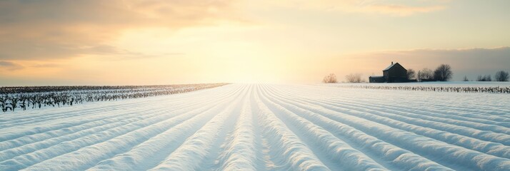 Poster - Snowy furrows stretching across a tranquil winter landscape lead toward the warm glow of a rising sun, with a quaint house and trees dotting the distant horizon