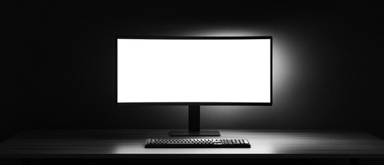 Poster - A sleek, modern computer monitor on a dark desk, displaying a blank white screen, with a minimalist aesthetic in a dimly lit environment