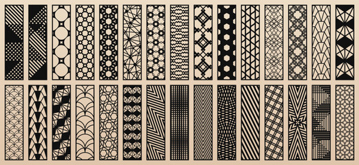Aufkleber - Big vector set of 30 templates for laser cut. Trending design with abstract geometric patterns, modern ornaments. Stencils for CNC cutting of wood, paper, metal, plastic, plywood. Aspect ratio 1:4