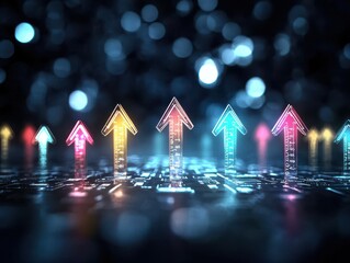 Poster - Colorful arrows pointing upwards on a digital background with glowing effects.