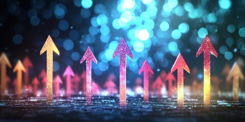 Poster - Colorful arrows rise against a vibrant bokeh background, symbolizing growth and progress.