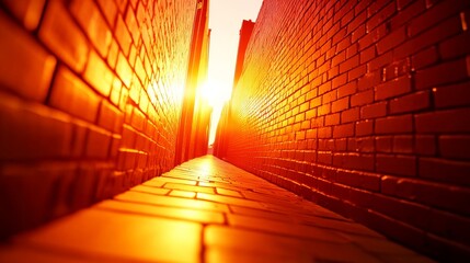 Wall Mural - serene sunset illuminating a narrow alleyway with warm hues, creating a tranquil urban atmosphere