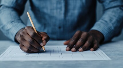 Poster - A focused individual sketches technical drawings on paper using a pencil, showcasing creativity and precision in a professional setting.