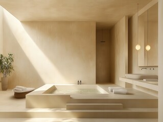 Wall Mural - spa-like bathroom with soft, sand-colored tiles arranged symmetrically, exuding calmness and relaxation