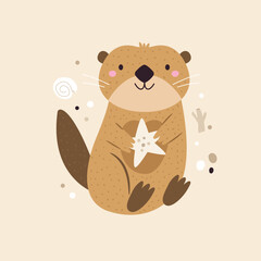 Wall Mural - Vector illustration of cute otter character holding shell. Funny marine creature