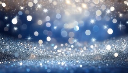 Poster - sparkling blue glitter background with bokeh lights and stars for festive design, holiday card, or elegant decoration