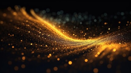 Poster - A shimmering wave of golden light and particles gracefully flows through a dark background, creating a mesmerizing visual effect.